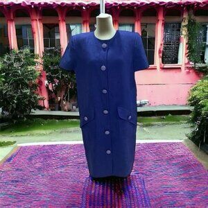 Cesari Vintage Blue Linen Dress Petite Size 10 Knee Length Collared Short Sleeve